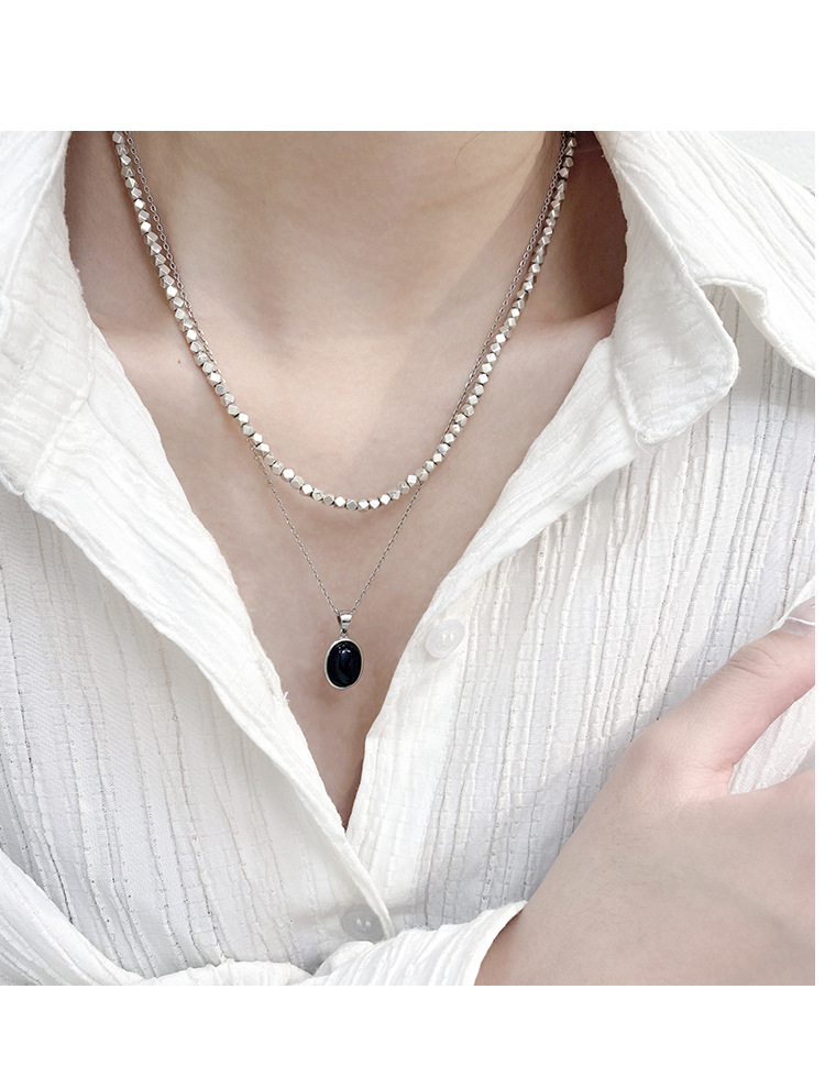 Korean Style S925 Sterling Silver Black Agate Pendant Necklace Women's Summer Light Luxury Minority Clavicle Advanced Design Simple All-Match