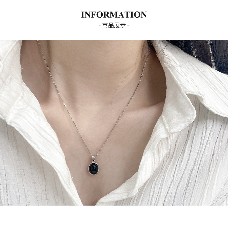 Korean Style S925 Sterling Silver Black Agate Pendant Necklace Women's Summer Light Luxury Minority Clavicle Advanced Design Simple All-Match