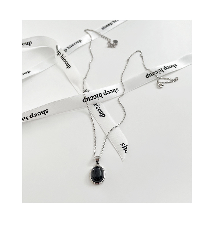 Korean Style S925 Sterling Silver Black Agate Pendant Necklace Women's Summer Light Luxury Minority Clavicle Advanced Design Simple All-Match