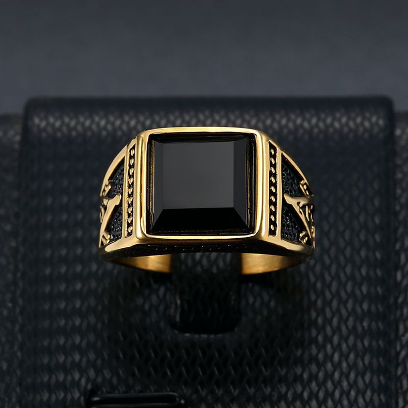 Europe and America Cross Border Hot Sale Classic Retro Ring Titanium Steel Color-Retaining Gold Plated Black Agate Masonic AG Men's Ring
