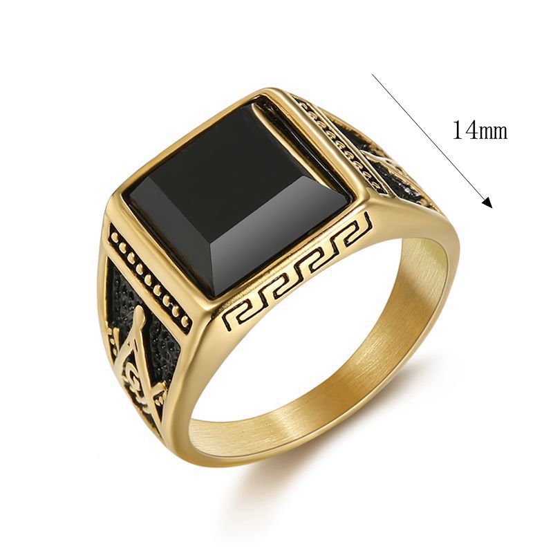 Europe and America Cross Border Hot Sale Classic Retro Ring Titanium Steel Color-Retaining Gold Plated Black Agate Masonic AG Men's Ring
