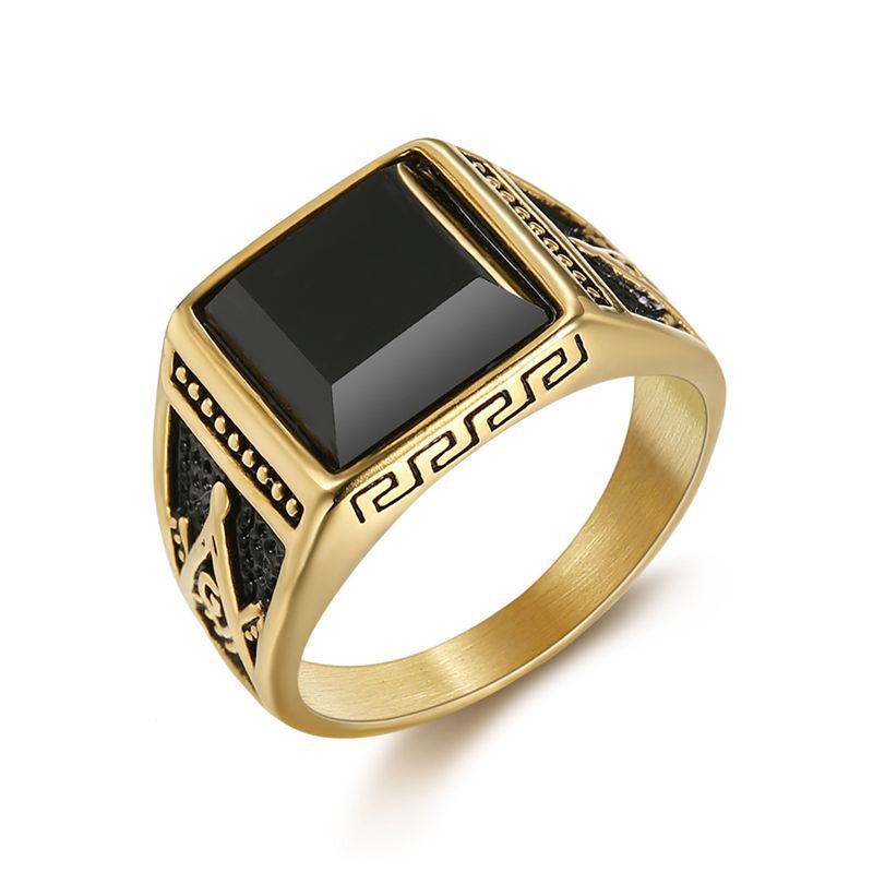 Europe and America Cross Border Hot Sale Classic Retro Ring Titanium Steel Color-Retaining Gold Plated Black Agate Masonic AG Men's Ring