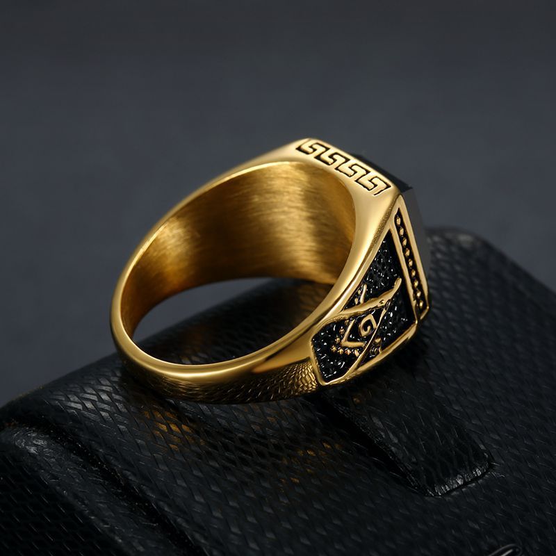 Europe and America Cross Border Hot Sale Classic Retro Ring Titanium Steel Color-Retaining Gold Plated Black Agate Masonic AG Men's Ring