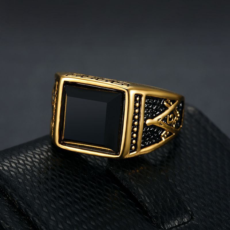 Europe and America Cross Border Hot Sale Classic Retro Ring Titanium Steel Color-Retaining Gold Plated Black Agate Masonic AG Men's Ring