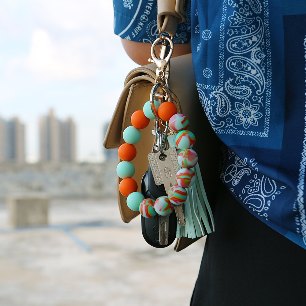 Color Silicone Beads Bracelet Key Ring Europe and America Cross Border Water Transfer New Bracelet Bracelet Key Chain