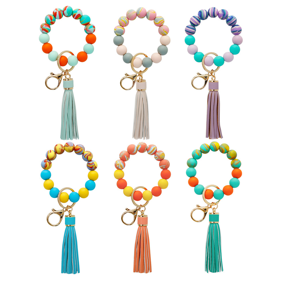 Color Silicone Beads Bracelet Key Ring Europe and America Cross Border Water Transfer New Bracelet Bracelet Key Chain