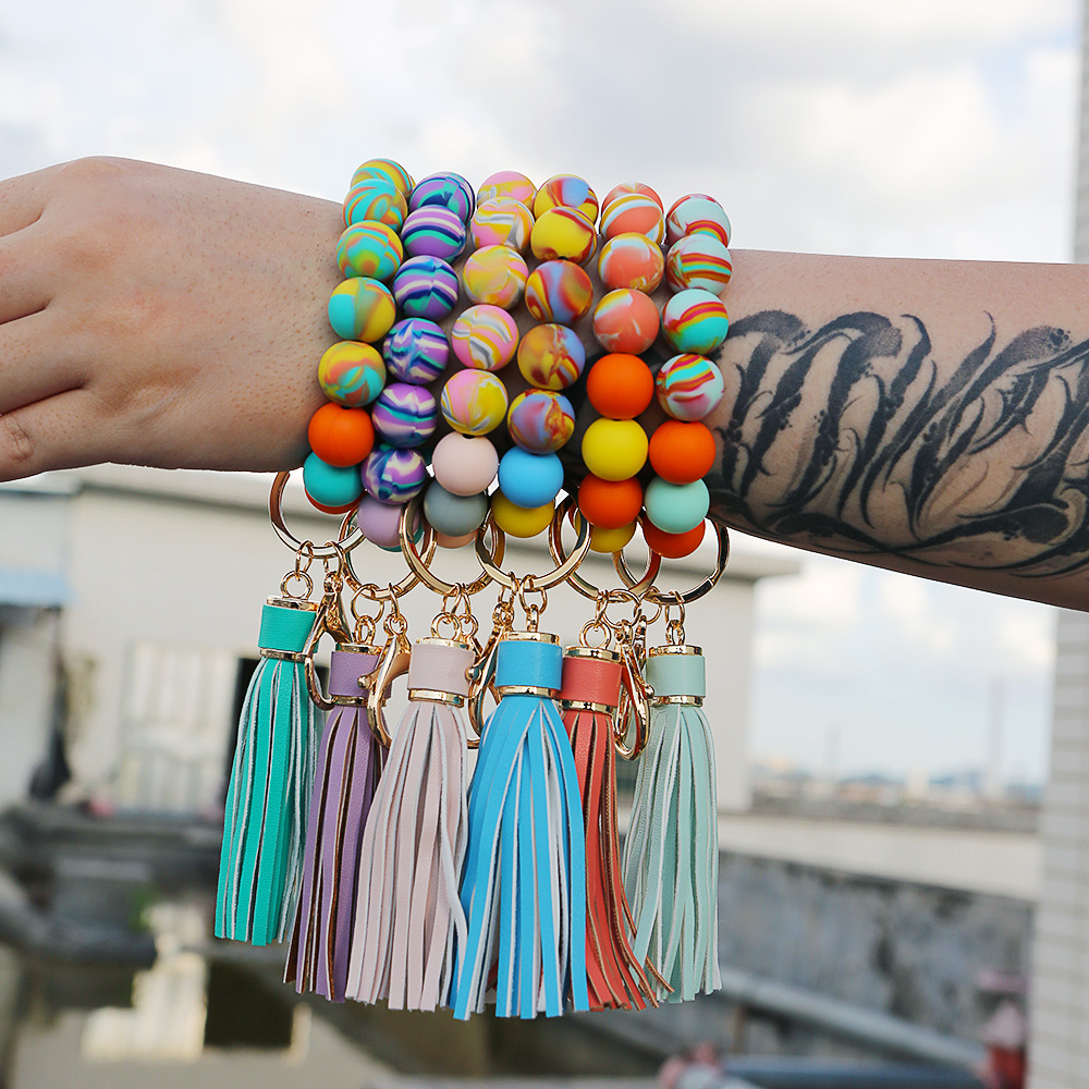 Color Silicone Beads Bracelet Key Ring Europe and America Cross Border Water Transfer New Bracelet Bracelet Key Chain