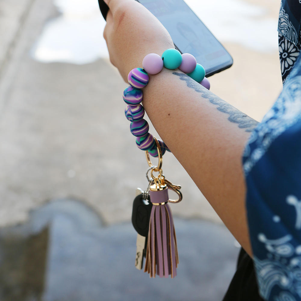 Color Silicone Beads Bracelet Key Ring Europe and America Cross Border Water Transfer New Bracelet Bracelet Key Chain