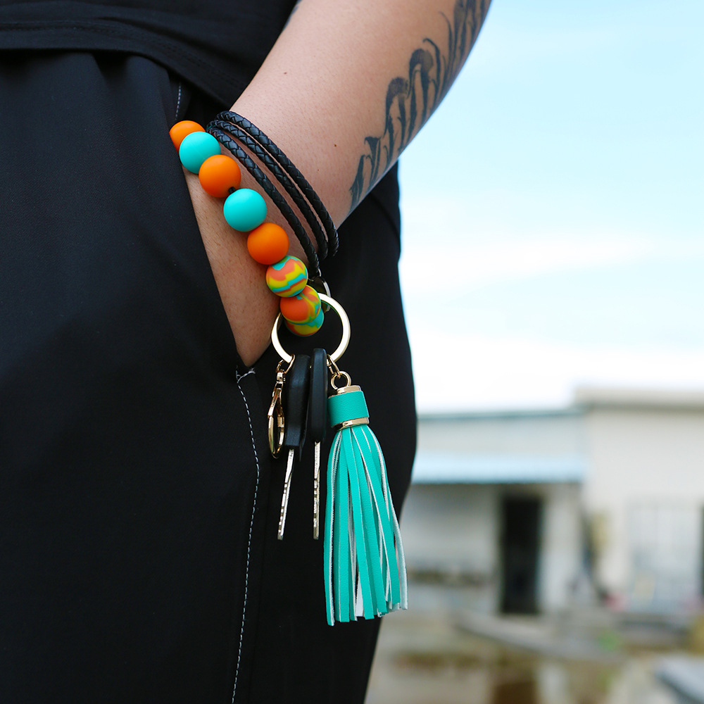 Color Silicone Beads Bracelet Key Ring Europe and America Cross Border Water Transfer New Bracelet Bracelet Key Chain