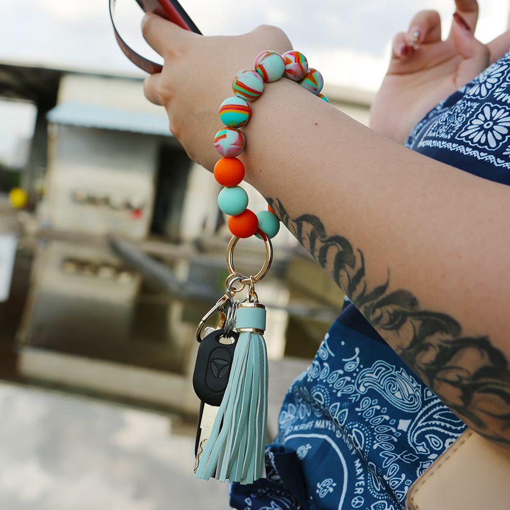 Color Silicone Beads Bracelet Key Ring Europe and America Cross Border Water Transfer New Bracelet Bracelet Key Chain Color Silicone Beads Bracelet Key Ring Europe and America Cross Border Water Transfer New Bracelet Bracelet Key Chain