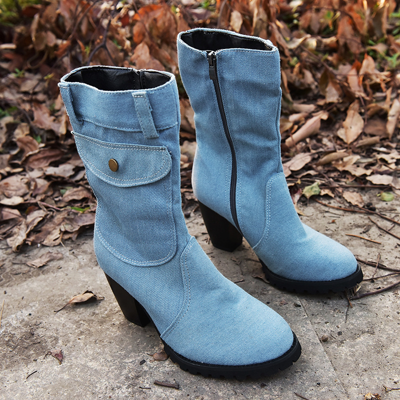 2020 Giant Ti Whole Independent Station Wish Foreign Trade Large Size High Heel Denim Tube Women's Boots 2020 Giant Ti Whole Independent Station Wish Foreign Trade Large Size High Heel Denim Tube Women's Boots