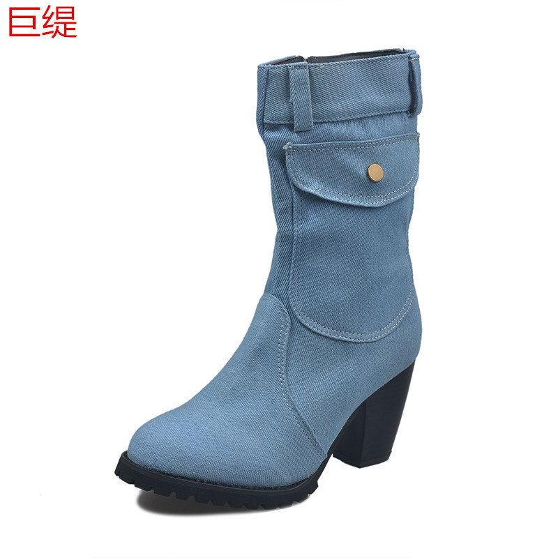 2020 Giant Ti Whole Independent Station Wish Foreign Trade Large Size High Heel Denim Tube Women's Boots 2020 Giant Ti Whole Independent Station Wish Foreign Trade Large Size High Heel Denim Tube Women's Boots