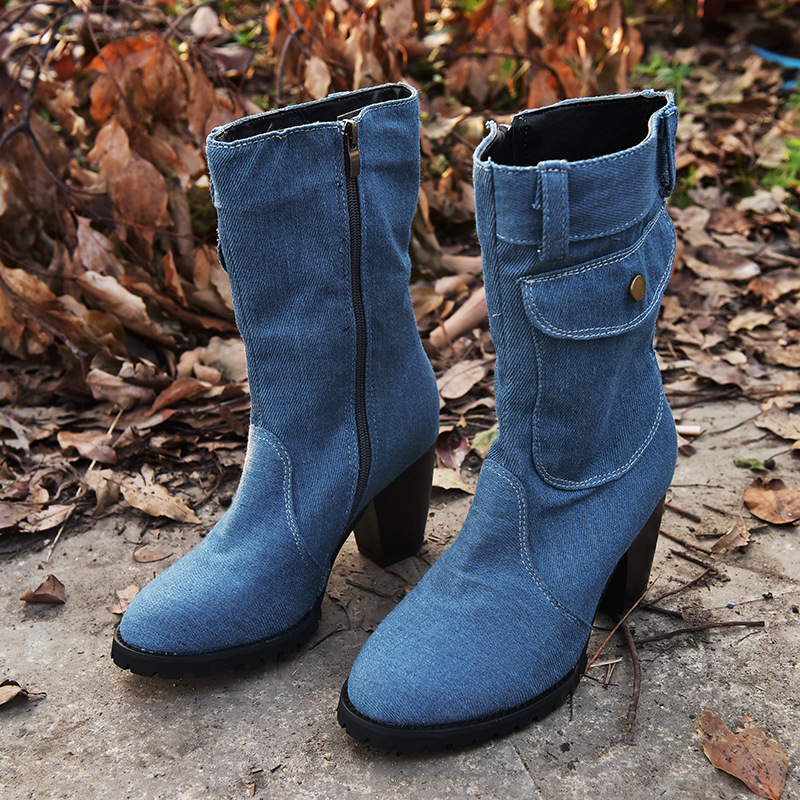 2020 Giant Ti Whole Independent Station Wish Foreign Trade Large Size High Heel Denim Tube Women's Boots 2020 Giant Ti Whole Independent Station Wish Foreign Trade Large Size High Heel Denim Tube Women's Boots