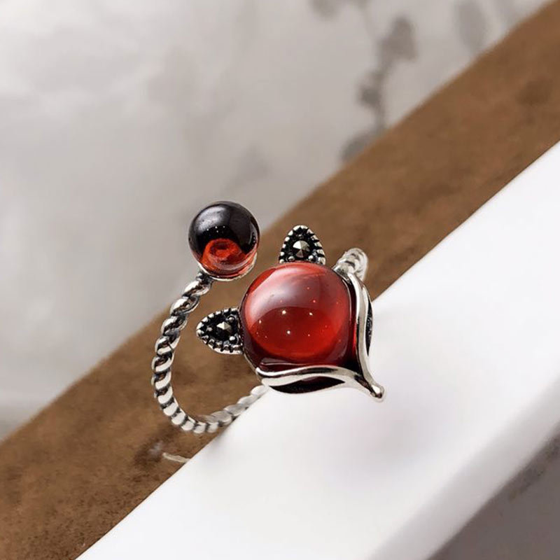S925 pure yintai silver ring female vintage do old inlaid garnet red fox chalcedony draw peach blossom open ring
