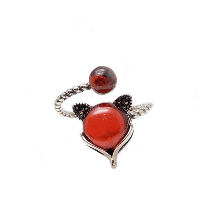 S925 pure yintai silver ring female vintage do old inlaid garnet red fox chalcedony draw peach blossom open ring