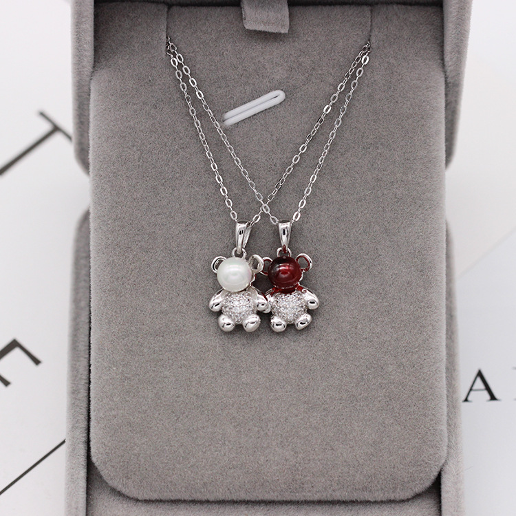 S925 pure silver plated platinum garnet huggable bear necklace simple and versatile fashion valentine&#039;s day gift popular in Japan and South Korea