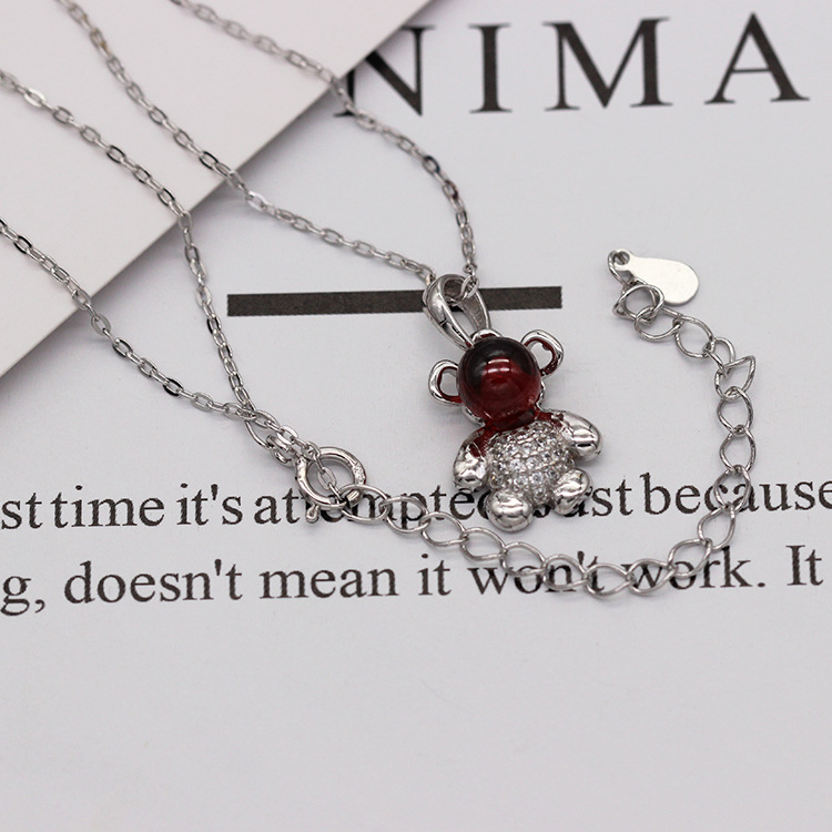 S925 pure silver plated platinum garnet huggable bear necklace simple and versatile fashion valentine&#039;s day gift popular in Japan and South Korea