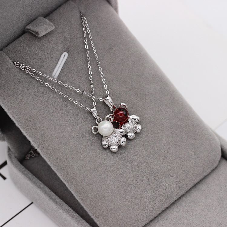 S925 pure silver plated platinum garnet huggable bear necklace simple and versatile fashion valentine's day gift popular in Japan and South Korea S925 pure silver plated platinum garnet huggable bear necklace simple and versatile fashion valentine's day gift popular in Japan and South Korea