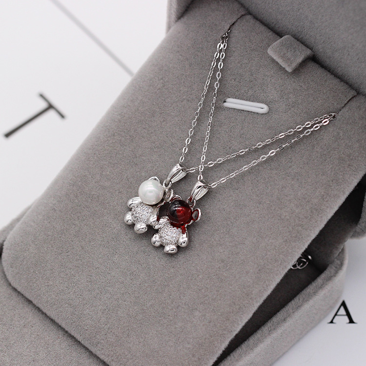 S925 pure silver plated platinum garnet huggable bear necklace simple and versatile fashion valentine's day gift popular in Japan and South Korea S925 pure silver plated platinum garnet huggable bear necklace simple and versatile fashion valentine's day gift popular in Japan and South Korea