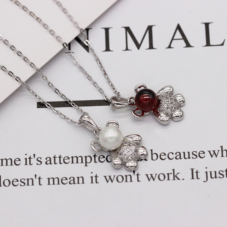 S925 pure silver plated platinum garnet huggable bear necklace simple and versatile fashion valentine's day gift popular in Japan and South Korea S925 pure silver plated platinum garnet huggable bear necklace simple and versatile fashion valentine's day gift popular in Japan and South Korea