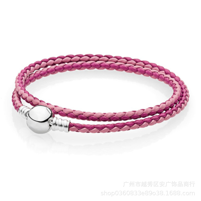 Panjia Sterling Silver Beads Double-Circle Woven Leather Van Pandora &#039;S Bracelet New Leather Rope DIY Bead String Jewelry