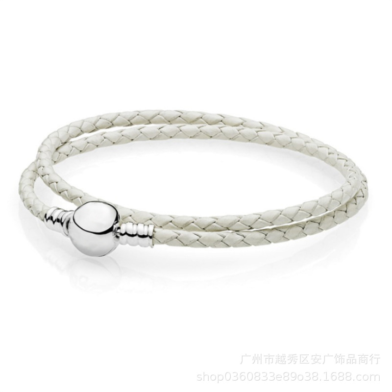 Panjia Sterling Silver Beads Double-Circle Woven Leather Van Pandora &#039;S Bracelet New Leather Rope DIY Bead String Jewelry