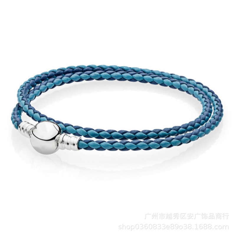 Panjia Sterling Silver Beads Double-Circle Woven Leather Van Pandora &#039;S Bracelet New Leather Rope DIY Bead String Jewelry