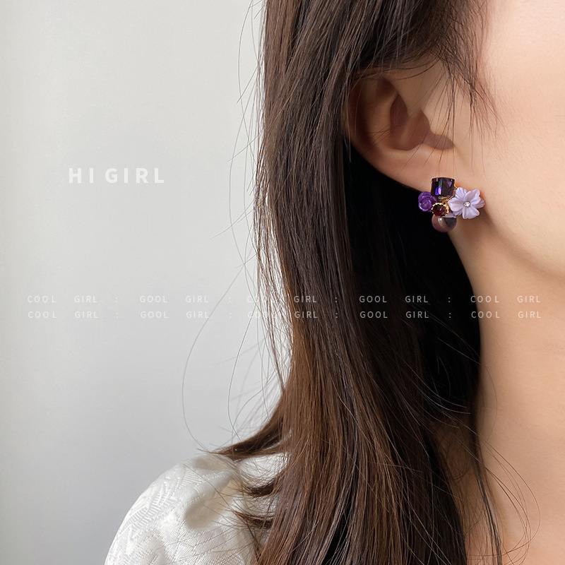 925 Silver Needle Purple Opal Diamond Crystal Flower Earrings South Korea Petite Earrings Mori Style Girlish Heart Ear Studs