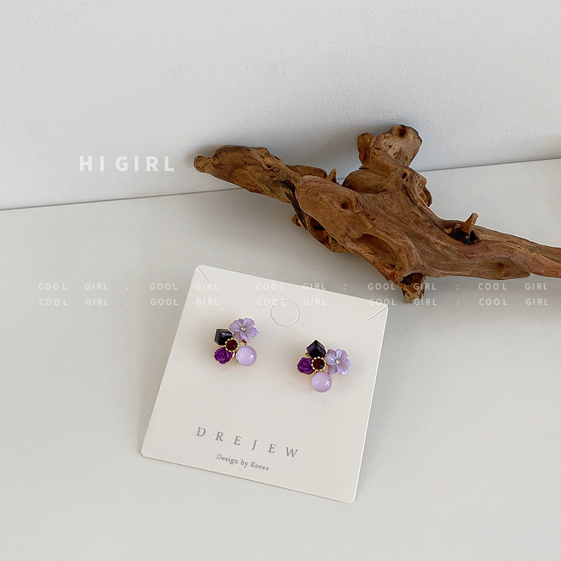 925 Silver Needle Purple Opal Diamond Crystal Flower Earrings South Korea Petite Earrings Mori Style Girlish Heart Ear Studs