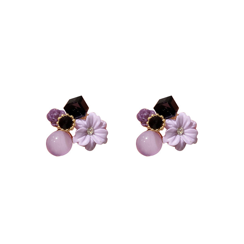 925 Silver Needle Purple Opal Diamond Crystal Flower Earrings South Korea Petite Earrings Mori Style Girlish Heart Ear Studs