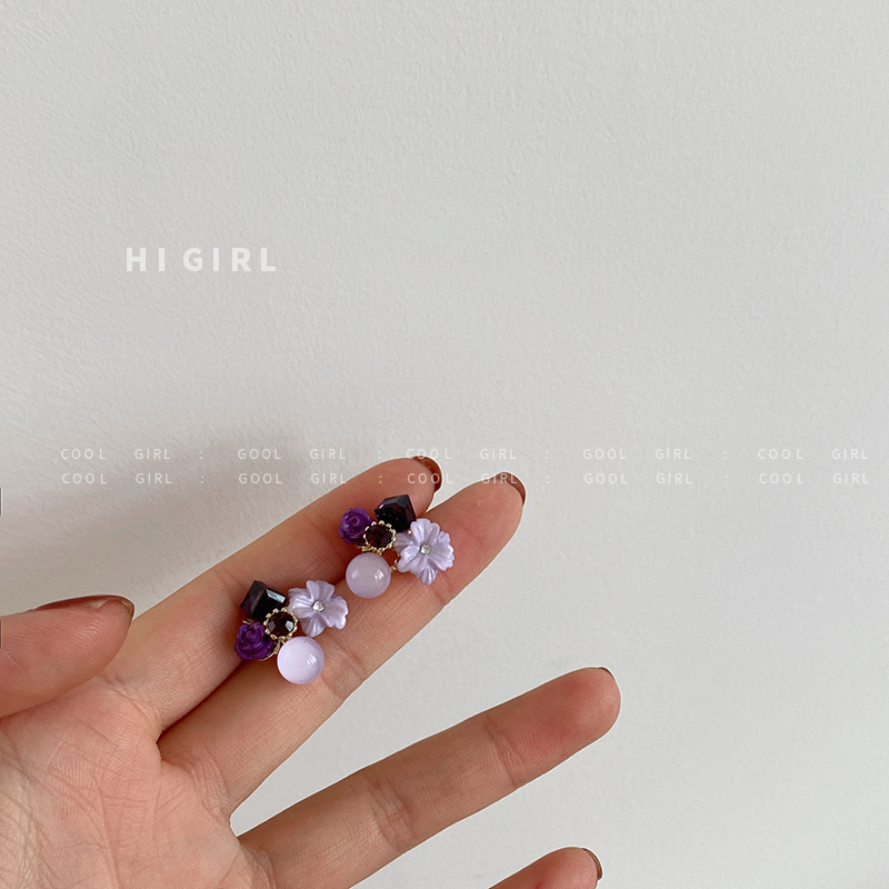 925 Silver Needle Purple Opal Diamond Crystal Flower Earrings South Korea Petite Earrings Mori Style Girlish Heart Ear Studs
