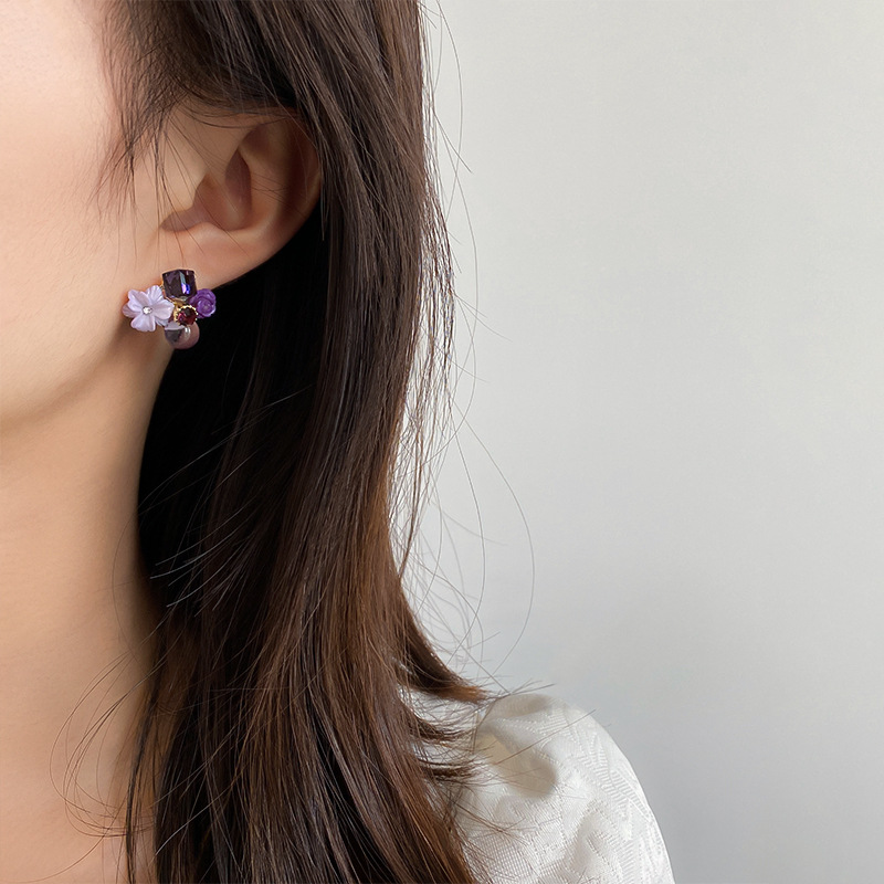 925 Silver Needle Purple Opal Diamond Crystal Flower Earrings South Korea Petite Earrings Mori Style Girlish Heart Ear Studs 925 Silver Needle Purple Opal Diamond Crystal Flower Earrings South Korea Petite Earrings Mori Style Girlish Heart Ear Studs