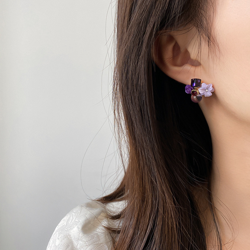 925 Silver Needle Purple Opal Diamond Crystal Flower Earrings South Korea Petite Earrings Mori Style Girlish Heart Ear Studs 925 Silver Needle Purple Opal Diamond Crystal Flower Earrings South Korea Petite Earrings Mori Style Girlish Heart Ear Studs