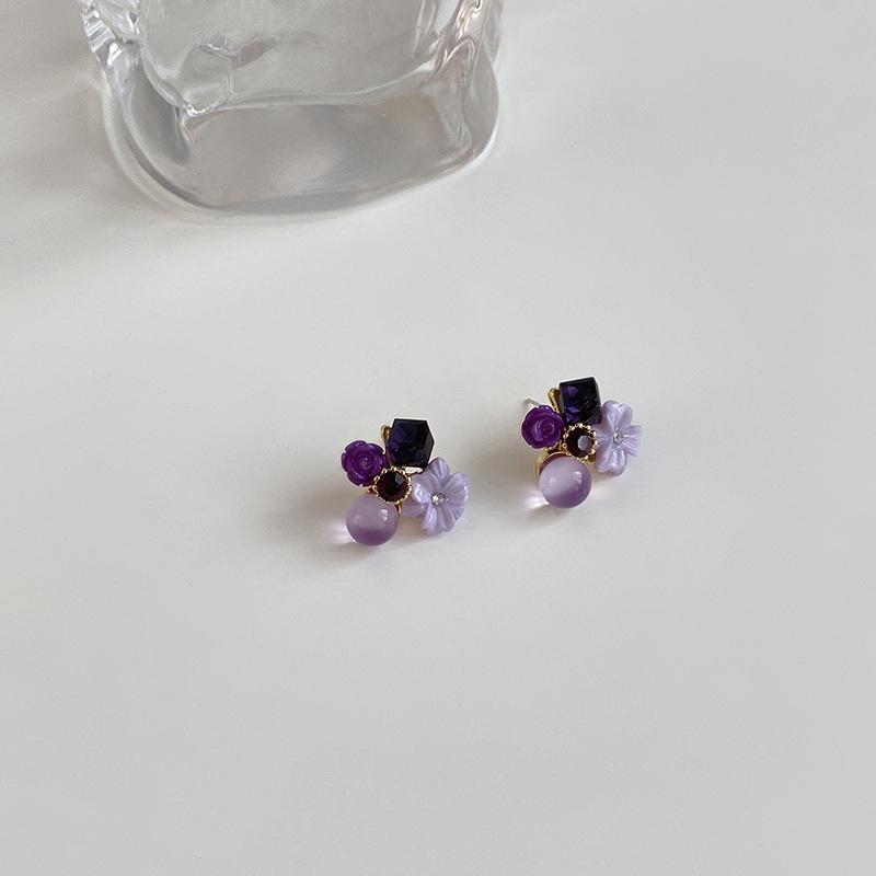 925 Silver Needle Purple Opal Diamond Crystal Flower Earrings South Korea Petite Earrings Mori Style Girlish Heart Ear Studs 925 Silver Needle Purple Opal Diamond Crystal Flower Earrings South Korea Petite Earrings Mori Style Girlish Heart Ear Studs