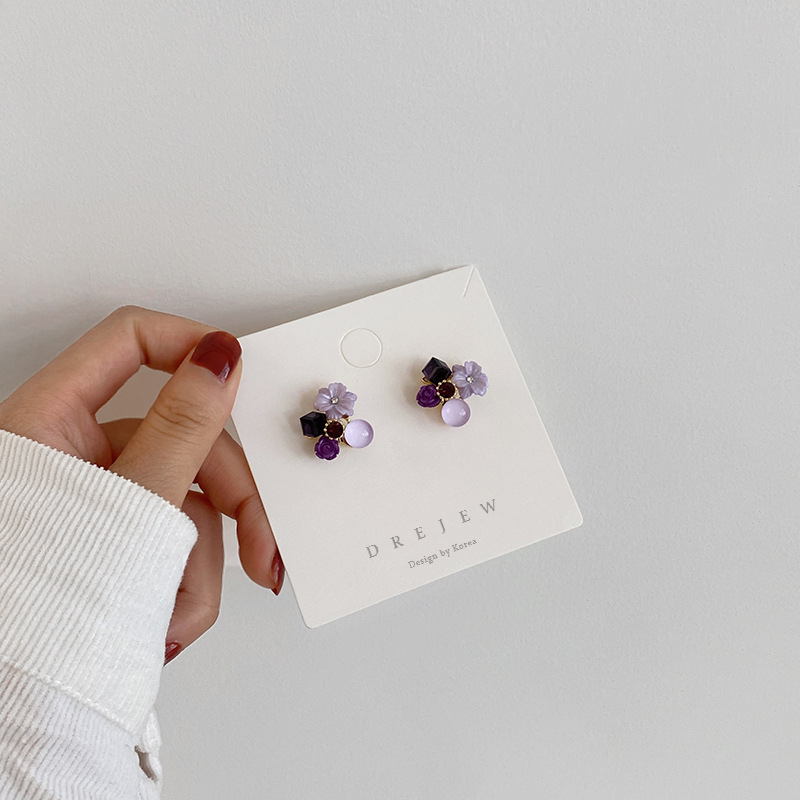 925 Silver Needle Purple Opal Diamond Crystal Flower Earrings South Korea Petite Earrings Mori Style Girlish Heart Ear Studs 925 Silver Needle Purple Opal Diamond Crystal Flower Earrings South Korea Petite Earrings Mori Style Girlish Heart Ear Studs