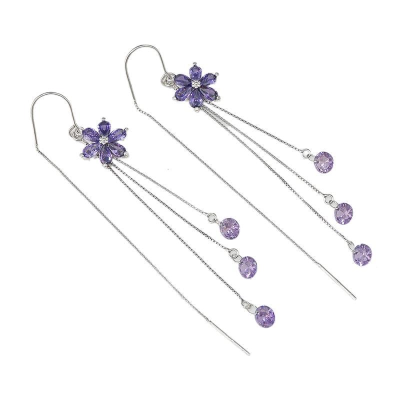 New Trendy Crystal Flower Earrings S925 Sterling Silver Long Fringed Earring Thread Elegant Purple Zircon Earrings 466ex