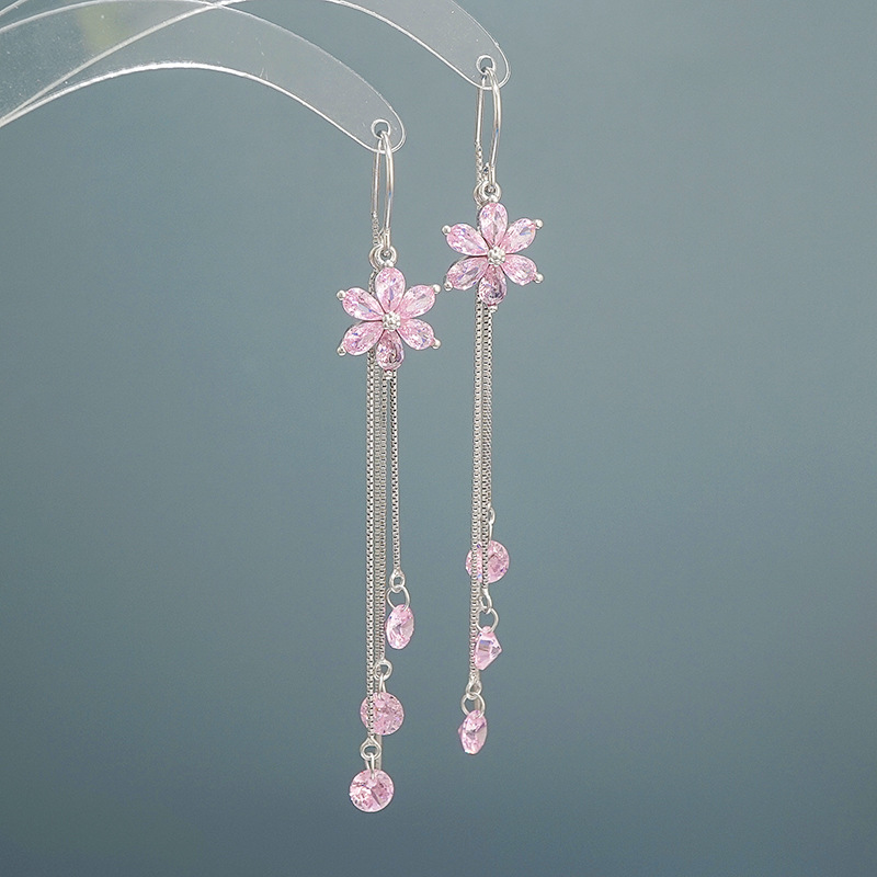 New Trendy Crystal Flower Earrings S925 Sterling Silver Long Fringed Earring Thread Elegant Purple Zircon Earrings 466ex