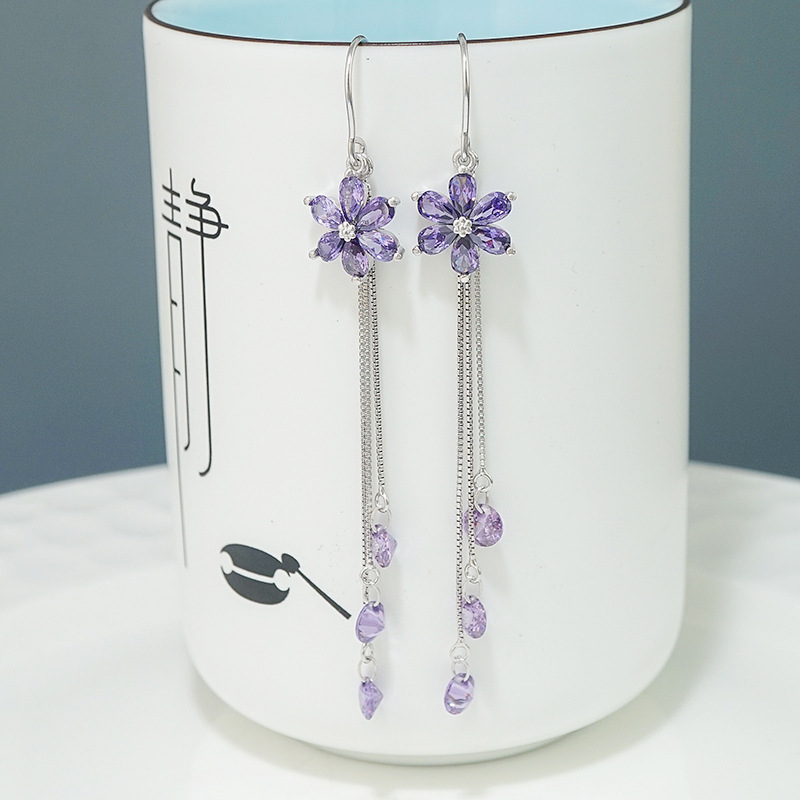 New Trendy Crystal Flower Earrings S925 Sterling Silver Long Fringed Earring Thread Elegant Purple Zircon Earrings 466ex