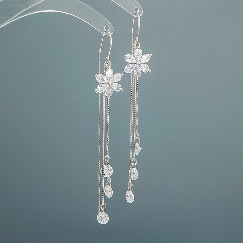 New Trendy Crystal Flower Earrings S925 Sterling Silver Long Fringed Earring Thread Elegant Purple Zircon Earrings 466ex