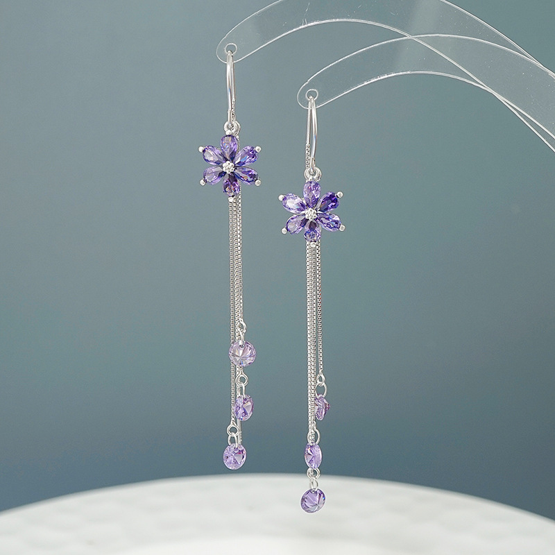 New Trendy Crystal Flower Earrings S925 Sterling Silver Long Fringed Earring Thread Elegant Purple Zircon Earrings 466ex