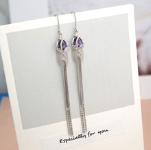 New Trendy Crystal Flower Earrings S925 Sterling Silver Long Fringed Earring Thread Elegant Purple Zircon Earrings 466ex