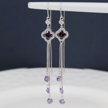 New Trendy Crystal Flower Earrings S925 Sterling Silver Long Fringed Earring Thread Elegant Purple Zircon Earrings 466ex