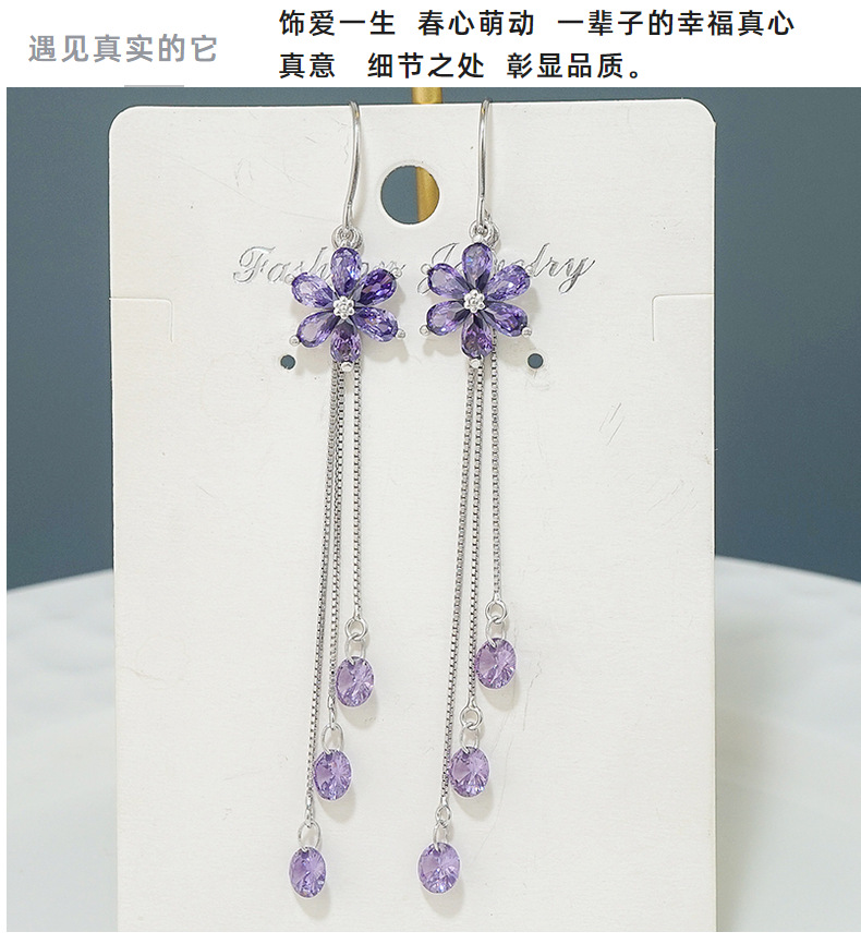 New Trendy Crystal Flower Earrings S925 Sterling Silver Long Fringed Earring Thread Elegant Purple Zircon Earrings 466ex