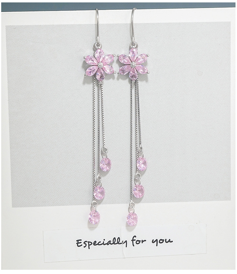 New Trendy Crystal Flower Earrings S925 Sterling Silver Long Fringed Earring Thread Elegant Purple Zircon Earrings 466ex