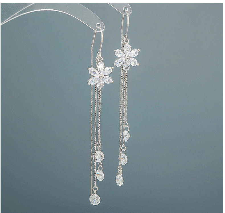 New Trendy Crystal Flower Earrings S925 Sterling Silver Long Fringed Earring Thread Elegant Purple Zircon Earrings 466ex