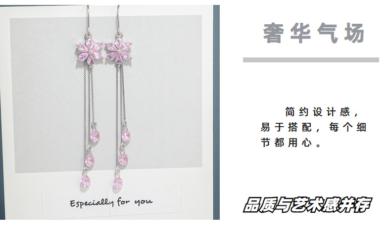 New Trendy Crystal Flower Earrings S925 Sterling Silver Long Fringed Earring Thread Elegant Purple Zircon Earrings 466ex