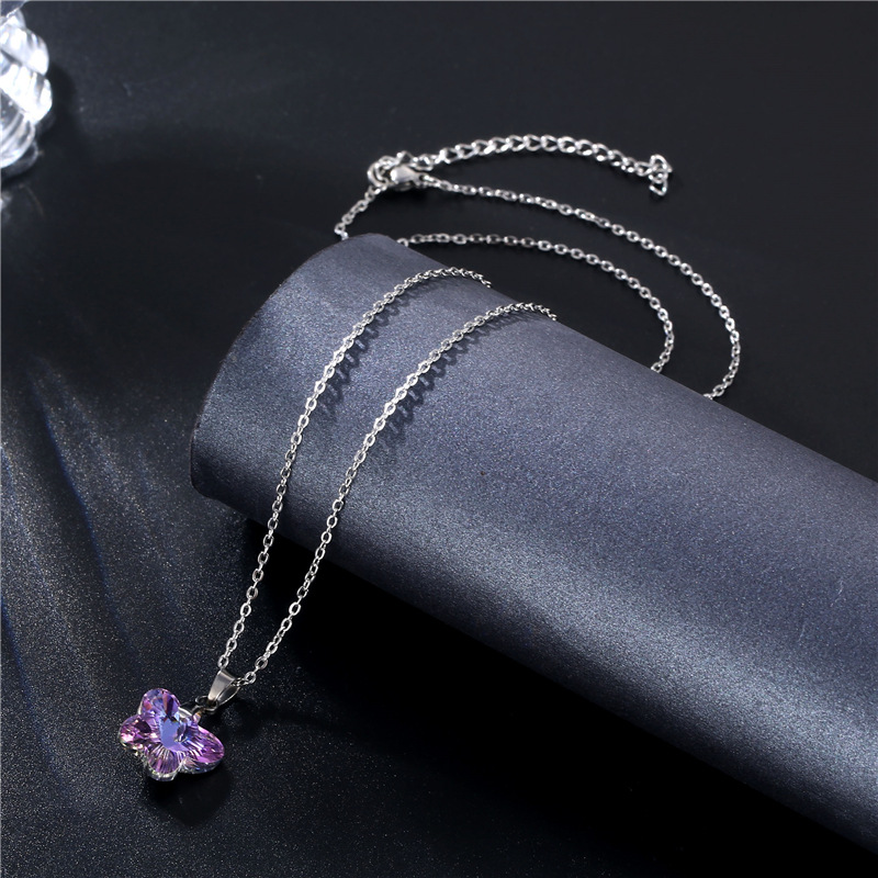 Cross-Border Stainless Steel Necklace Women&#039;s European and American Simple and Fresh Butterfly Clavicle Chain Pendant AB Purple Crystal Necklace