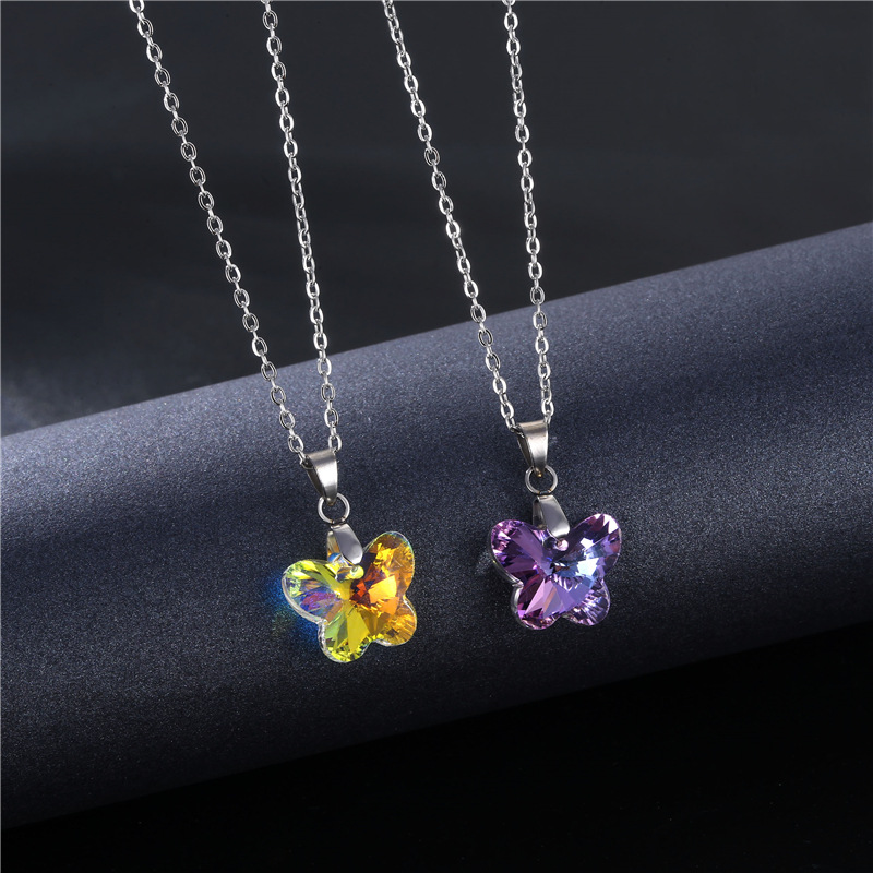Cross-Border Stainless Steel Necklace Women's European and American Simple and Fresh Butterfly Clavicle Chain Pendant AB Purple Crystal Necklace Cross-Border Stainless Steel Necklace Women's European and American Simple and Fresh Butterfly Clavicle Chain Pendant AB Purple Crystal Necklace