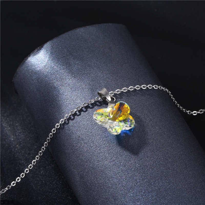 Cross-Border Stainless Steel Necklace Women&#039;s European and American Simple and Fresh Butterfly Clavicle Chain Pendant AB Purple Crystal Necklace