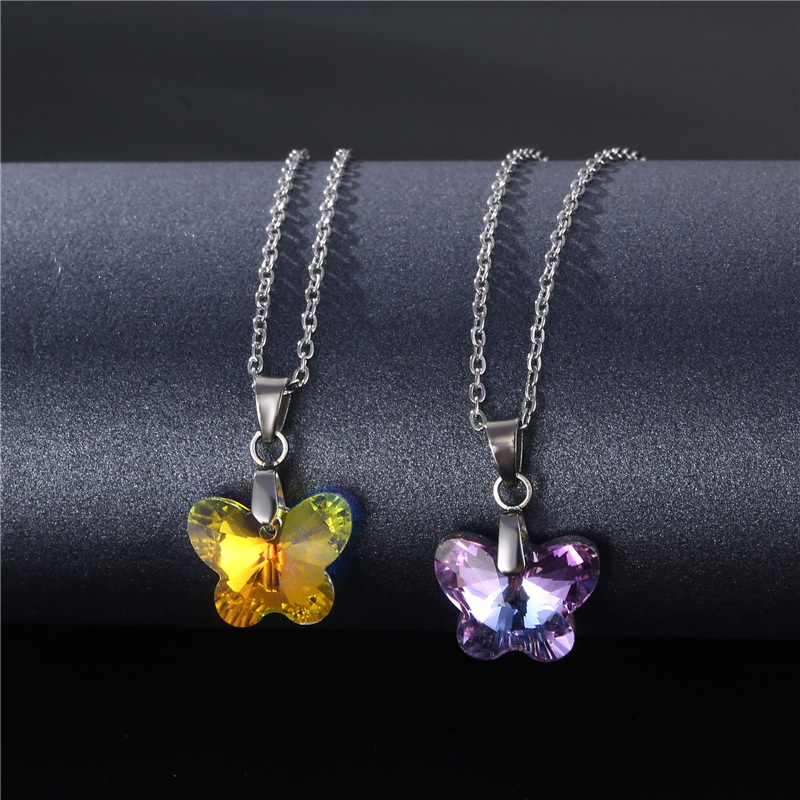 Cross-Border Stainless Steel Necklace Women's European and American Simple and Fresh Butterfly Clavicle Chain Pendant AB Purple Crystal Necklace Cross-Border Stainless Steel Necklace Women's European and American Simple and Fresh Butterfly Clavicle Chain Pendant AB Purple Crystal Necklace